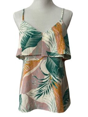 L Love Tropical Leaf Print Sleeveless Ruffle Textured Cami Top
